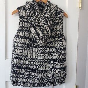 DKNY Chunky Thick Knit Wool Hooded Pullover Sweater Vest Black White Sz XL